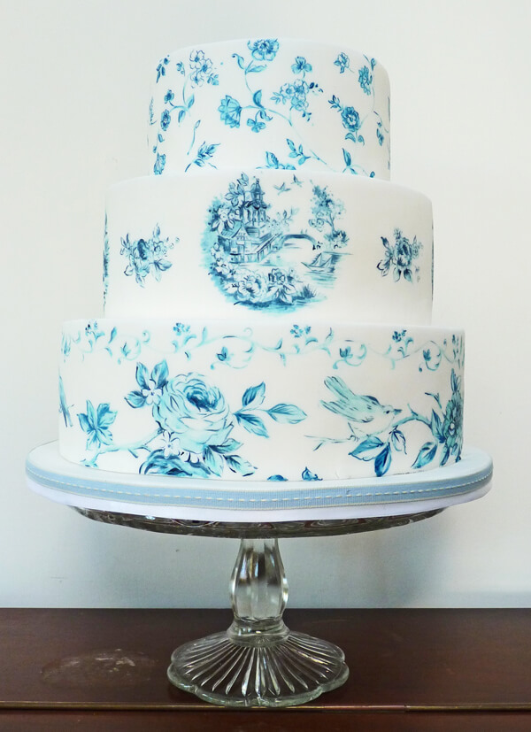 Handpainted wedding cake with blue and white china design