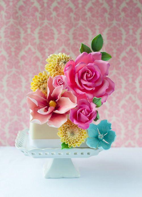 Colourful bursting blooms cake