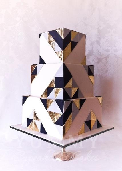 Black, white and gold geometric cake