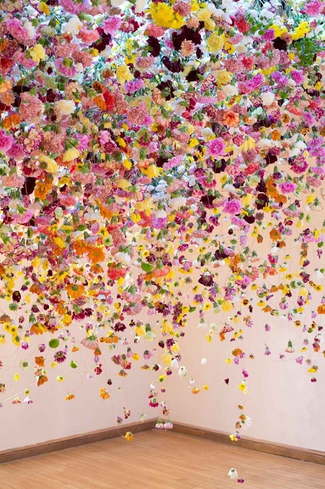 colourful hanging floral wedding installation