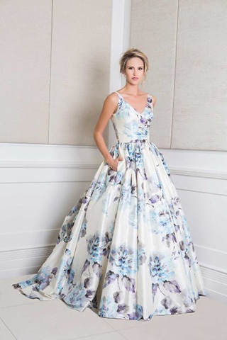 Floral ball gown style wedding dress with blue and purple accents